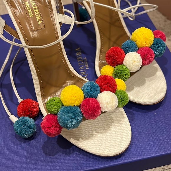 BNIB Aquazzura Pom Pom sandals multicolour white leather strap heels sandals - Picture 2 of 7